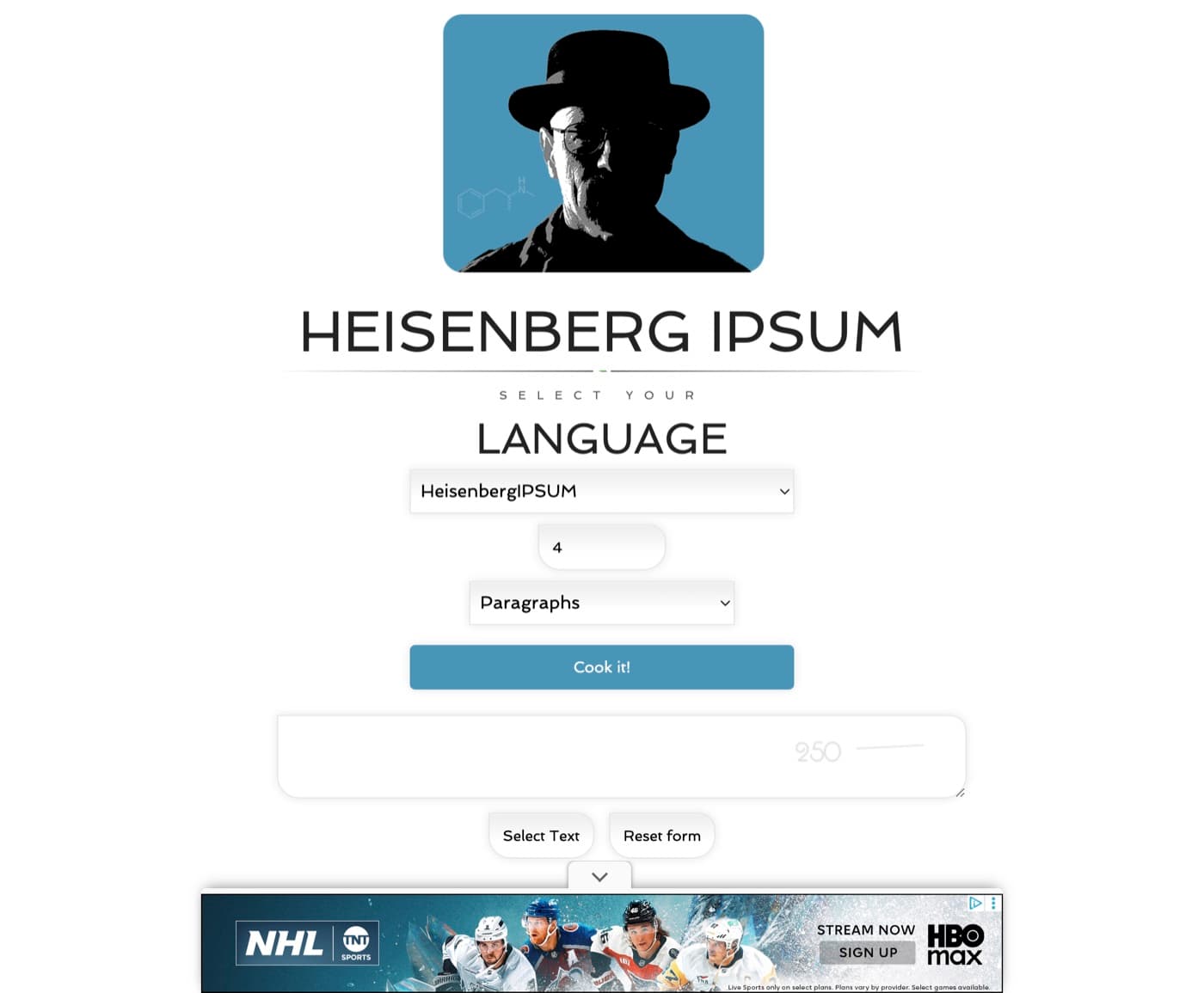 Heisenberg Ipsum generator, with a character portrait, language selector, and a Cook it button.