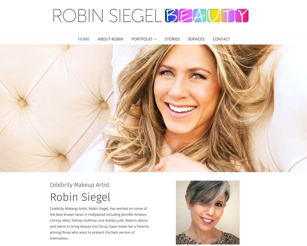 Robin Siegel Beauty website, with a portrait of Jennifer Aniston and Robin’s studio portrait below.
