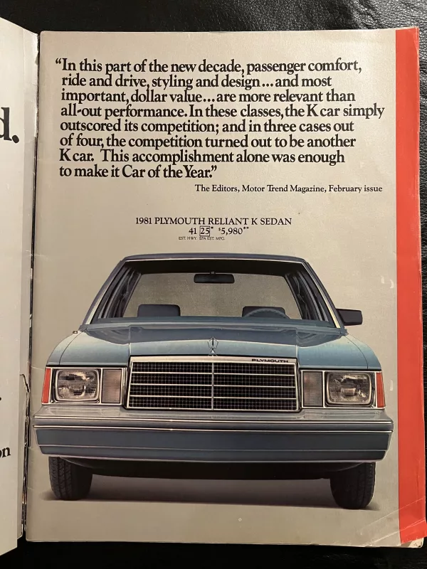 Interior Plymouth car ad from Time Magazine January 26, 1981